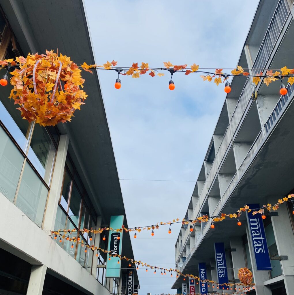 Efterårsstemning i gågade med orange lyskæde